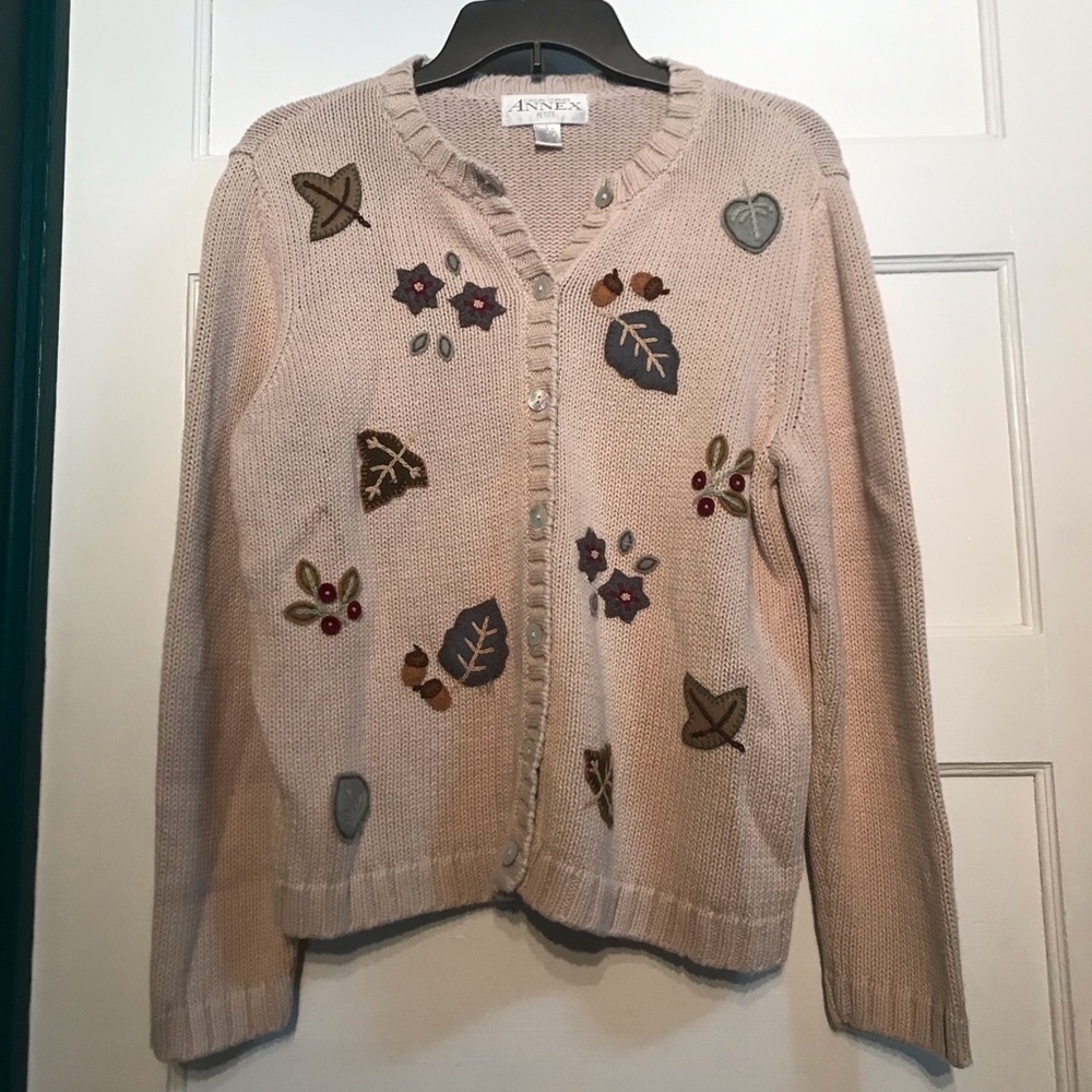 Vintage Cozy Ramie Cotton Blend Cardigan Fall Leaves Appliqué - Picture 1 of 10